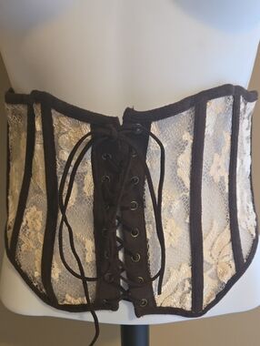 bebe Cream Lace Waist Cincher/Corset with Brown Trim
